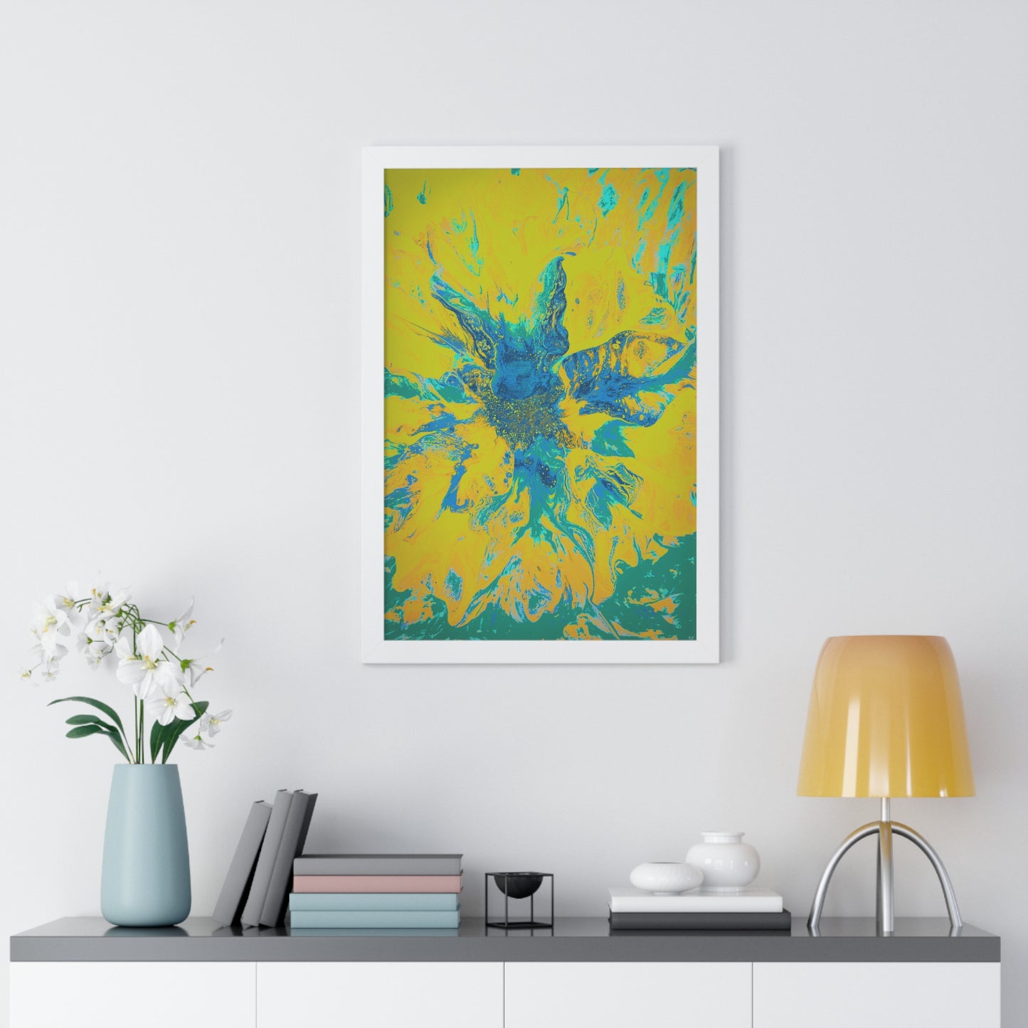 Framed Vertical Poster Abstract Floral Blues by Yellow by Its A Art Vibe Blue 01
