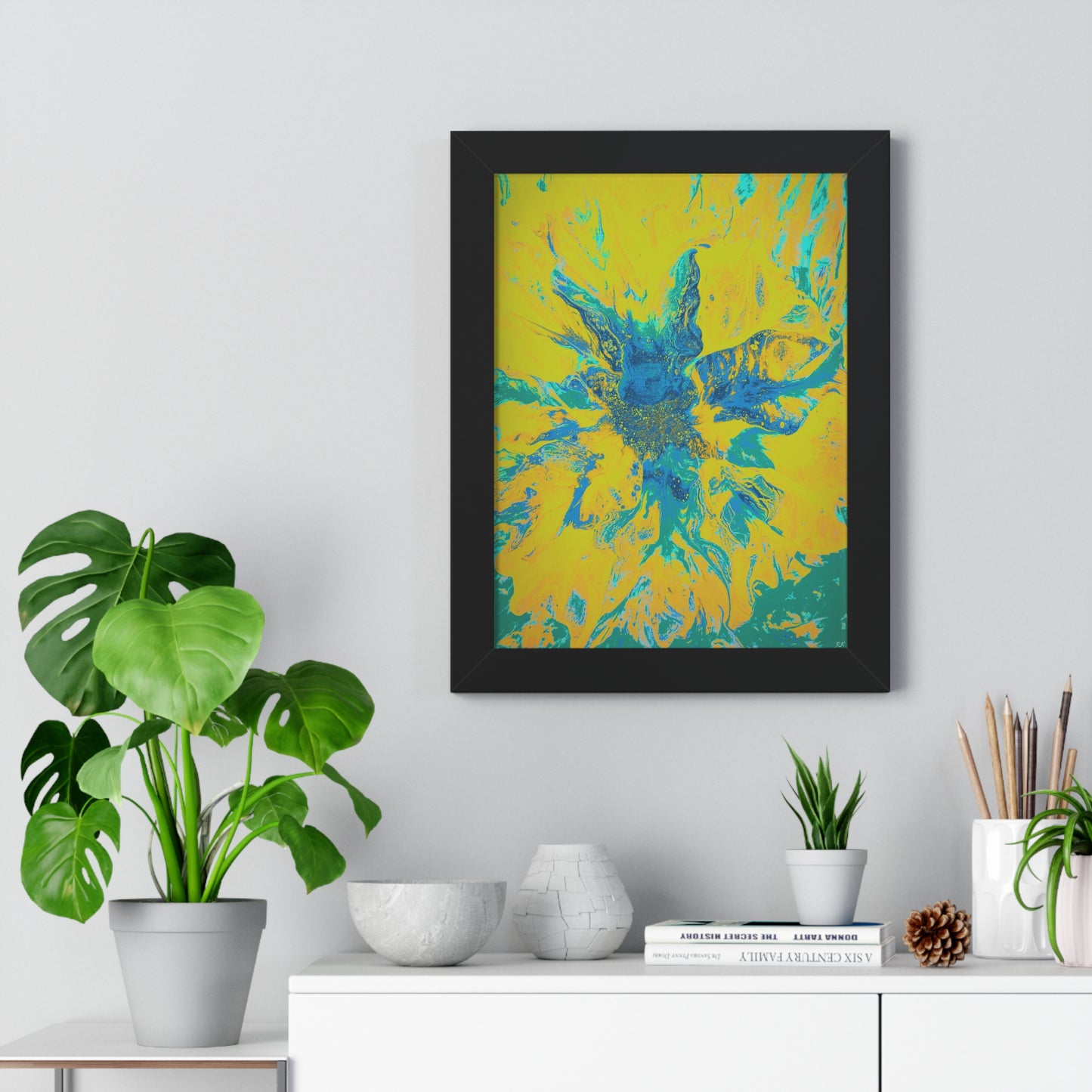 Framed Vertical Poster Abstract Floral Blues by Yellow by Its A Art Vibe Blue 01