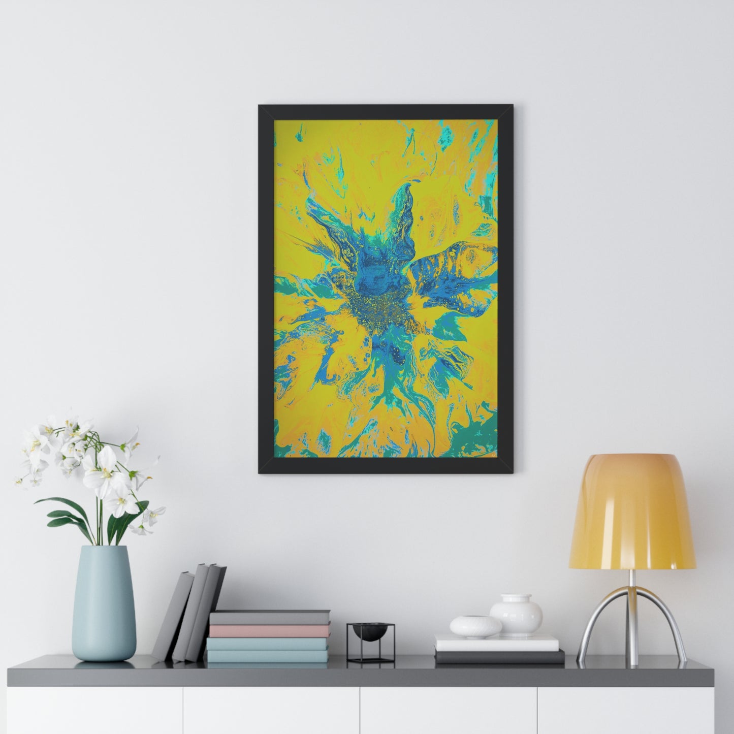 Framed Vertical Poster Abstract Floral Blues by Yellow by Its A Art Vibe Blue 01