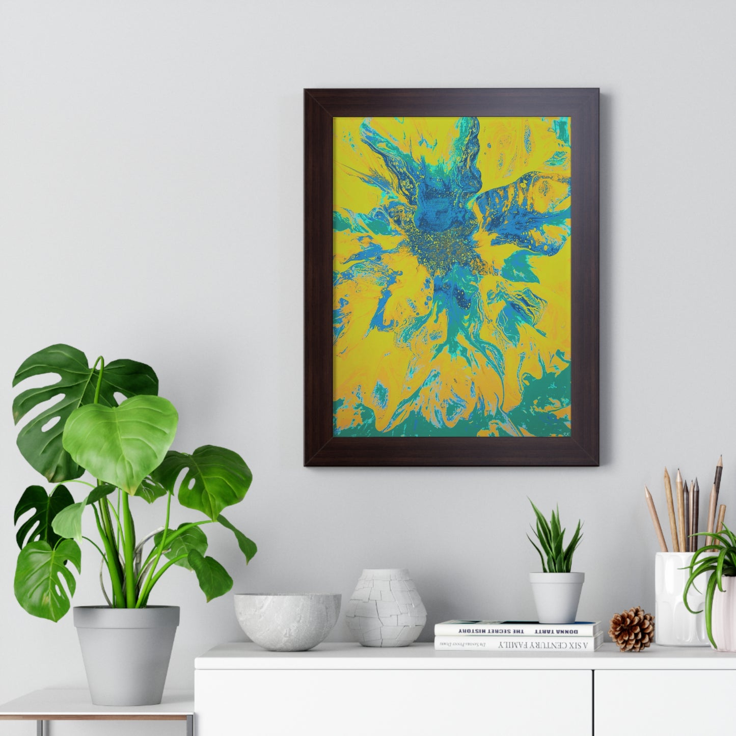 Framed Vertical Poster Abstract Floral Blues by Yellow by Its A Art Vibe Blue 01