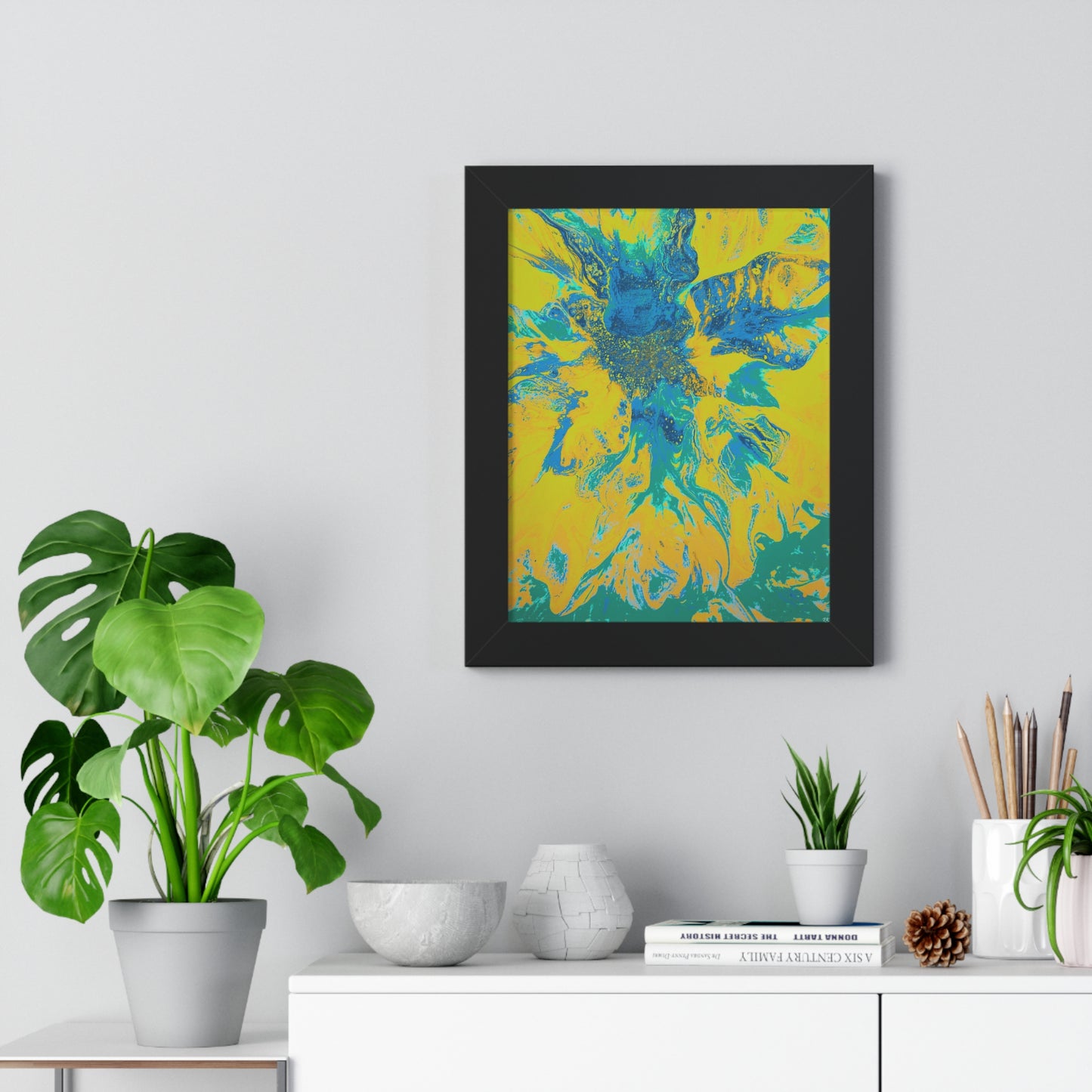 Framed Vertical Poster Abstract Floral Blues by Yellow by Its A Art Vibe Blue 01