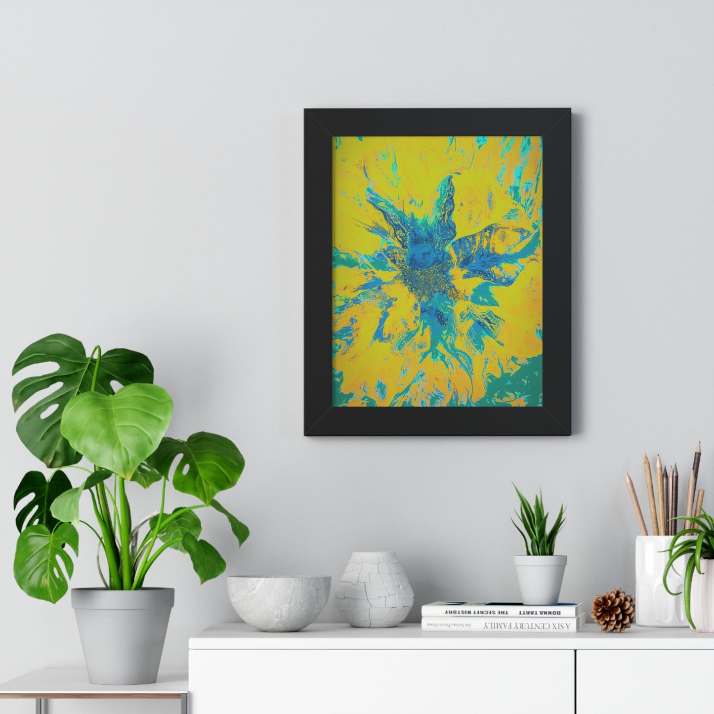 Framed Vertical Poster Abstract Floral Blues by Yellow by Its A Art Vibe Blue 01