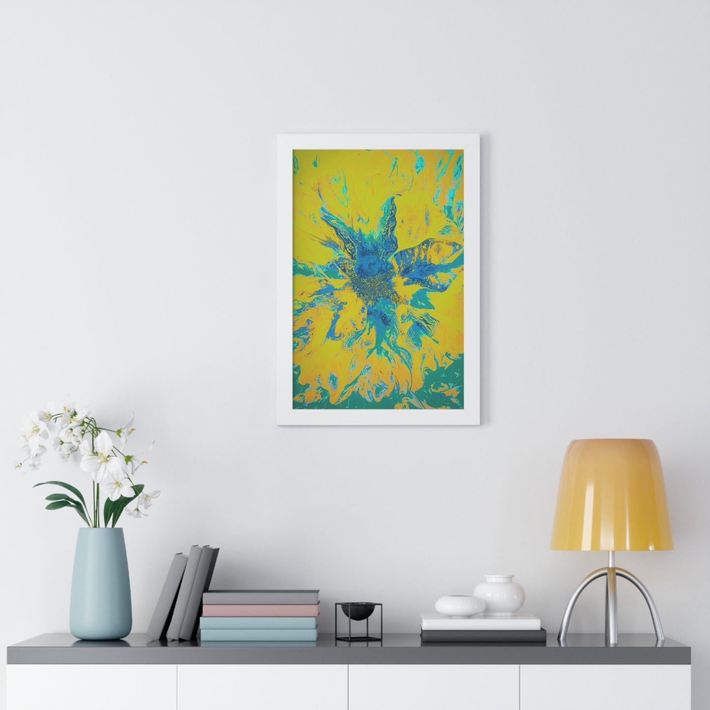 Framed Vertical Poster Abstract Floral Blues by Yellow by Its A Art Vibe Blue 01