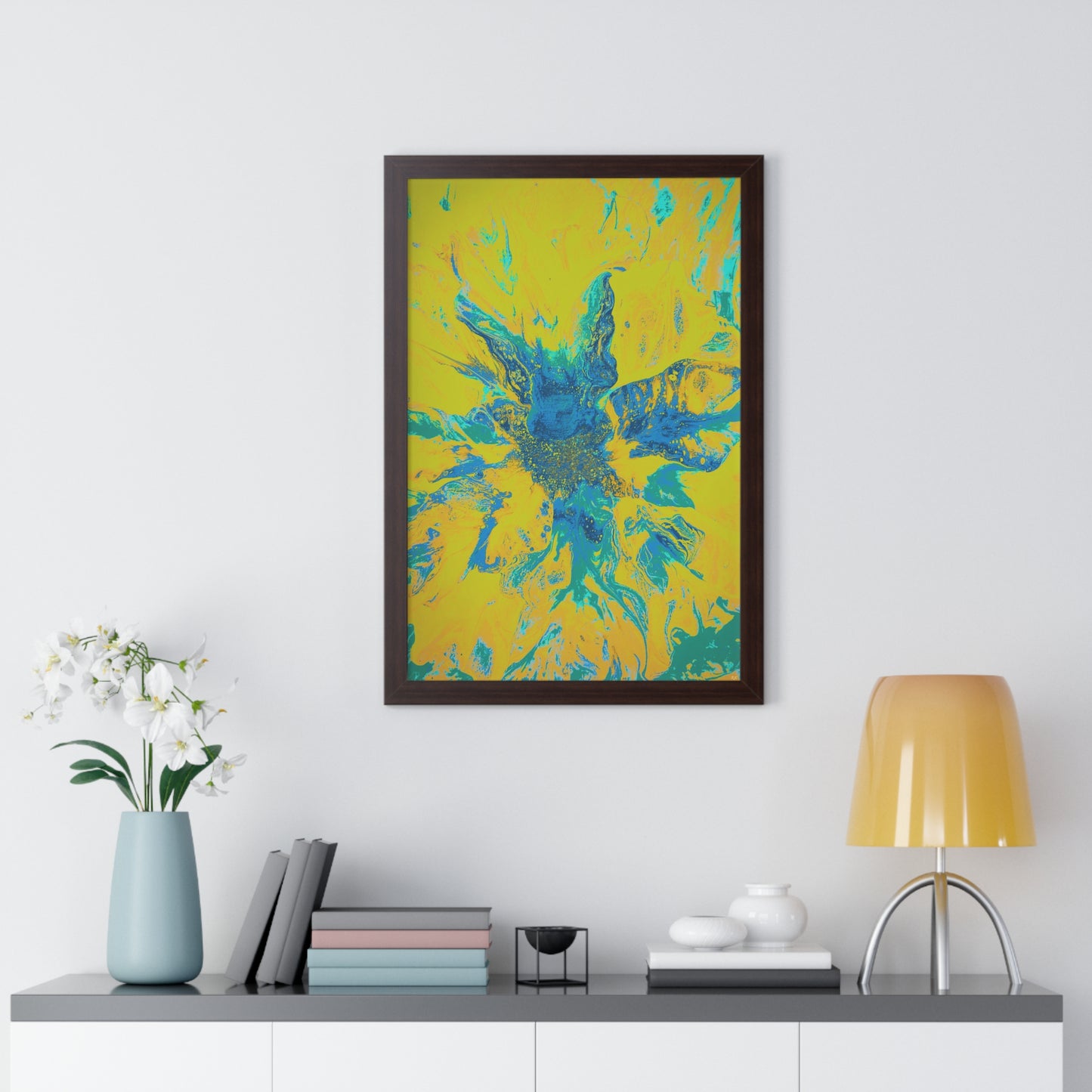 Framed Vertical Poster Abstract Floral Blues by Yellow by Its A Art Vibe Blue 01