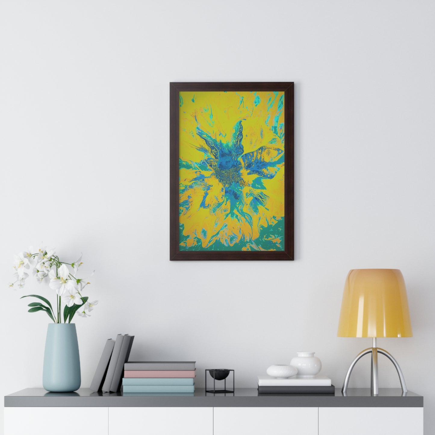 Framed Vertical Poster Abstract Floral Blues by Yellow by Its A Art Vibe Blue 01