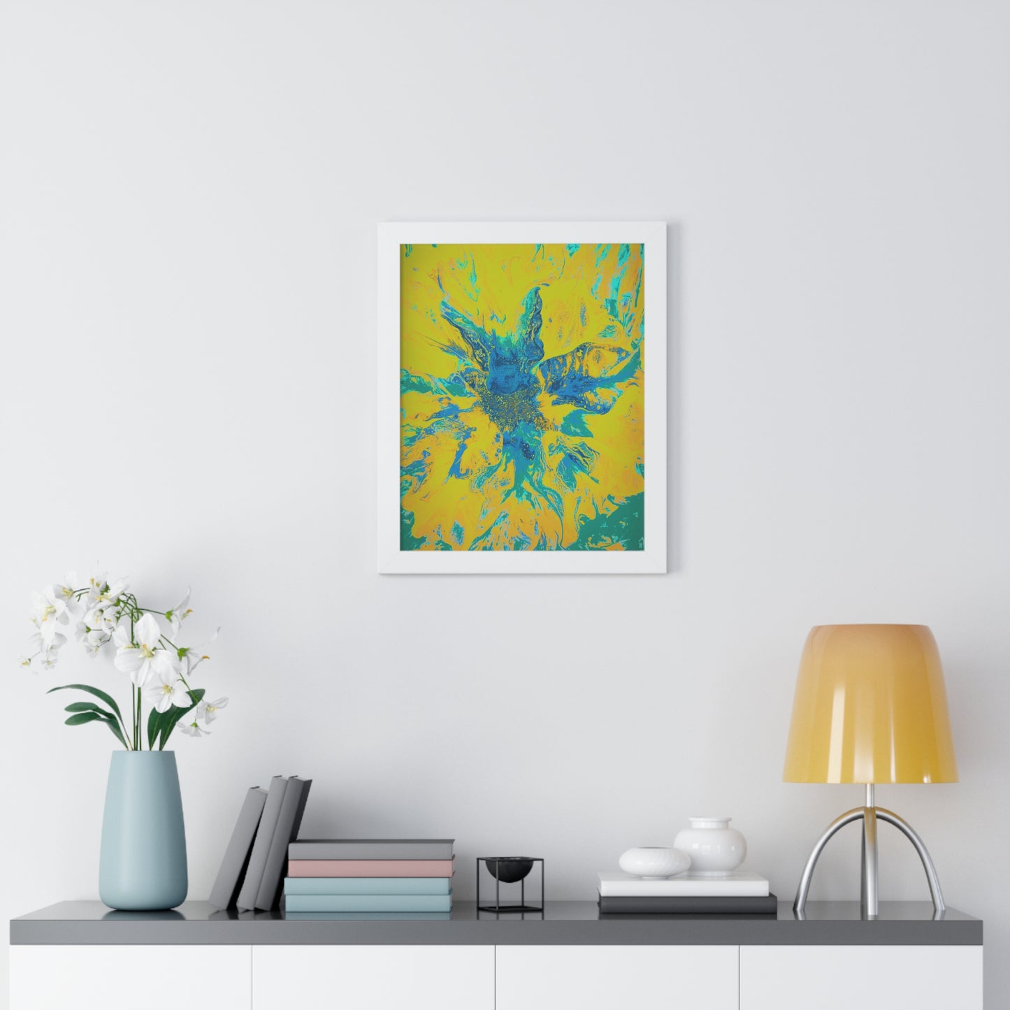 Framed Vertical Poster Abstract Floral Blues by Yellow by Its A Art Vibe Blue 01