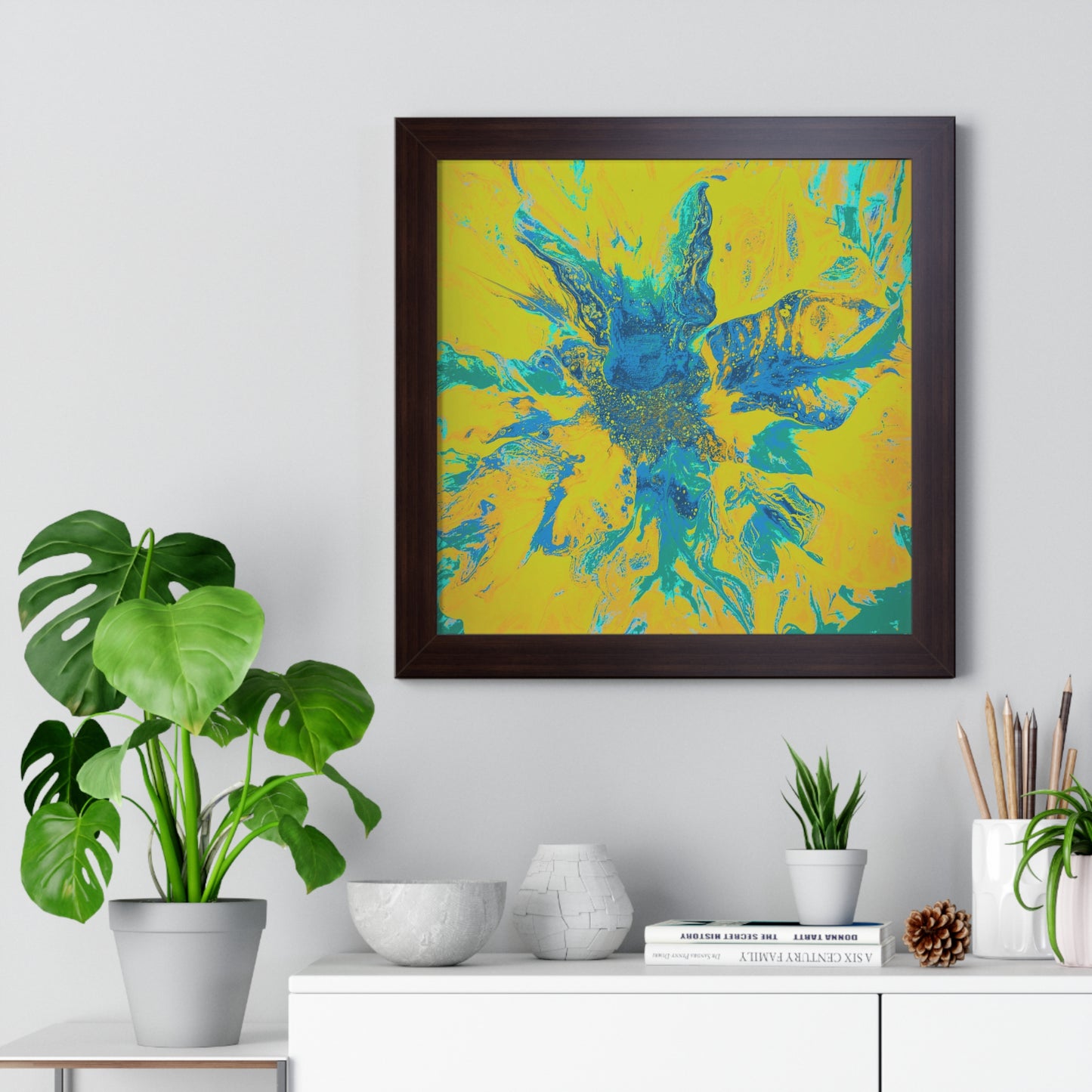 Framed Vertical Poster Abstract Floral Blues by Yellow by Its A Art Vibe Blue 01