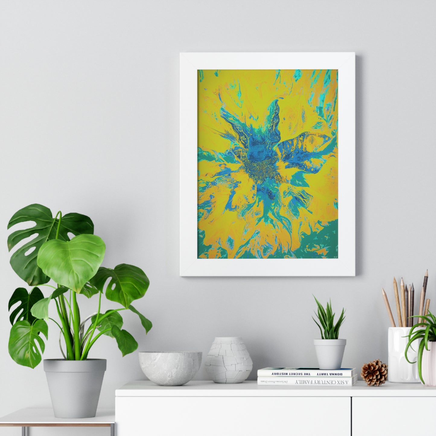 Framed Vertical Poster Abstract Floral Blues by Yellow by Its A Art Vibe Blue 01