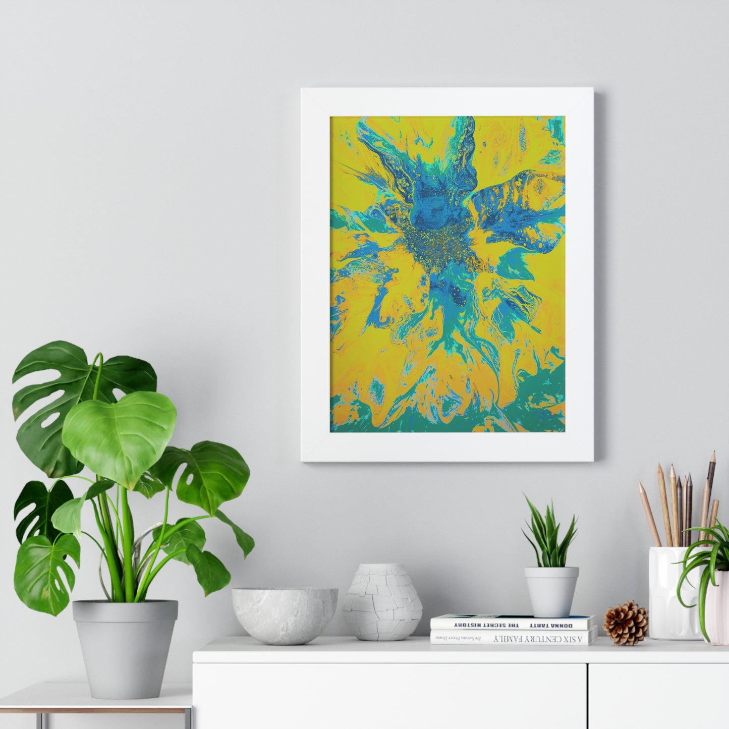 Framed Vertical Poster Abstract Floral Blues by Yellow by Its A Art Vibe Blue 01