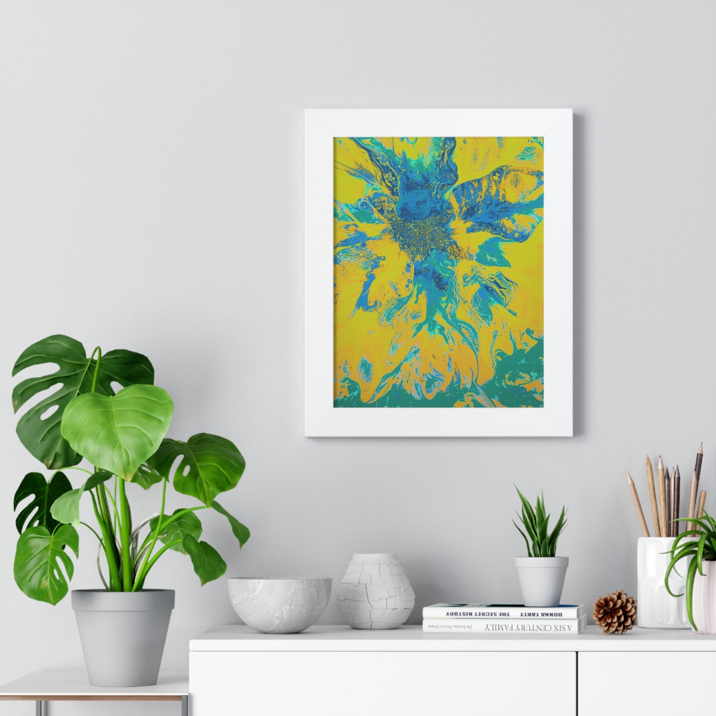 Framed Vertical Poster Abstract Floral Blues by Yellow by Its A Art Vibe Blue 01