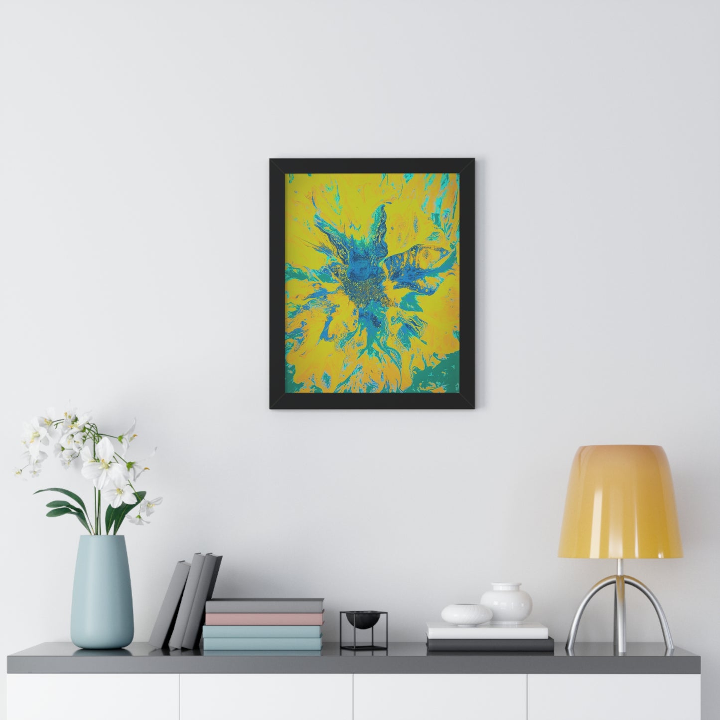 Framed Vertical Poster Abstract Floral Blues by Yellow by Its A Art Vibe Blue 01