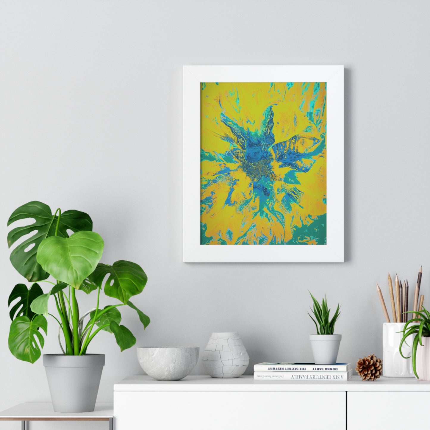 Framed Vertical Poster Abstract Floral Blues by Yellow by Its A Art Vibe Blue 01