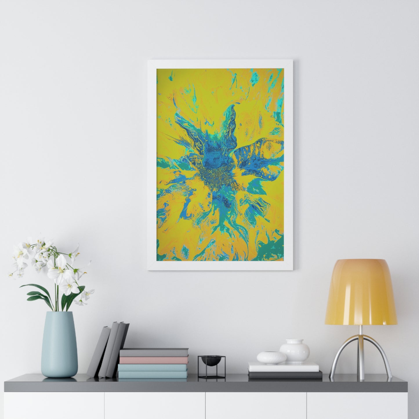 Framed Vertical Poster Abstract Floral Blues by Yellow by Its A Art Vibe Blue 01