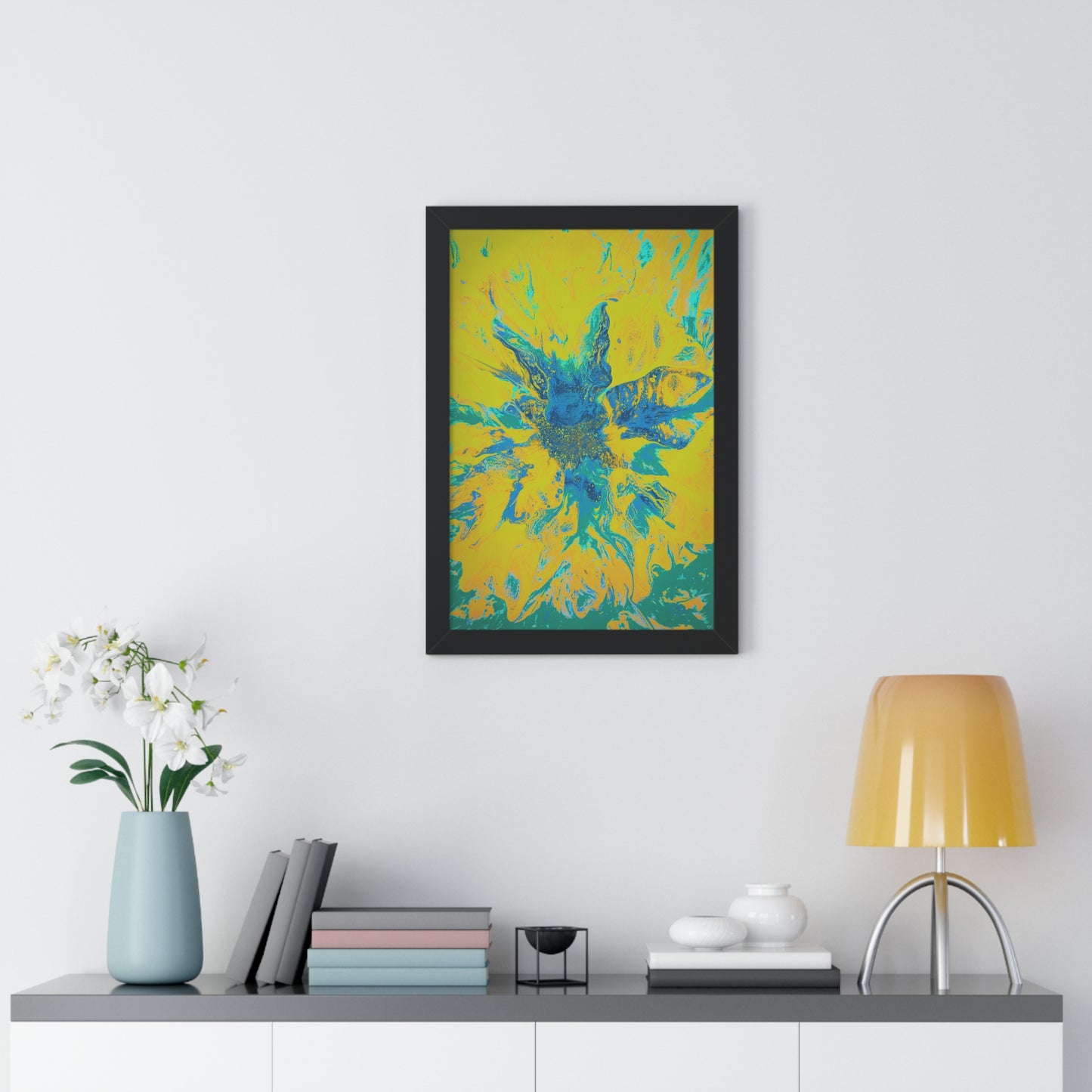 Framed Vertical Poster Abstract Floral Blues by Yellow by Its A Art Vibe Blue 01