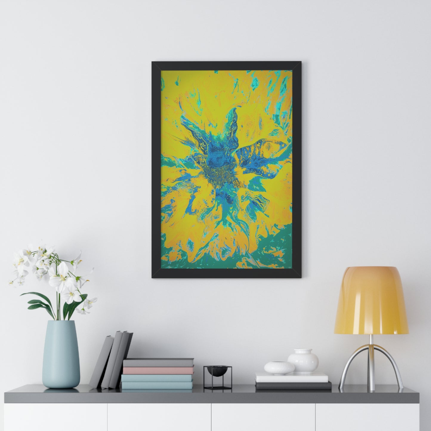 Framed Vertical Poster Abstract Floral Blues by Yellow by Its A Art Vibe Blue 01