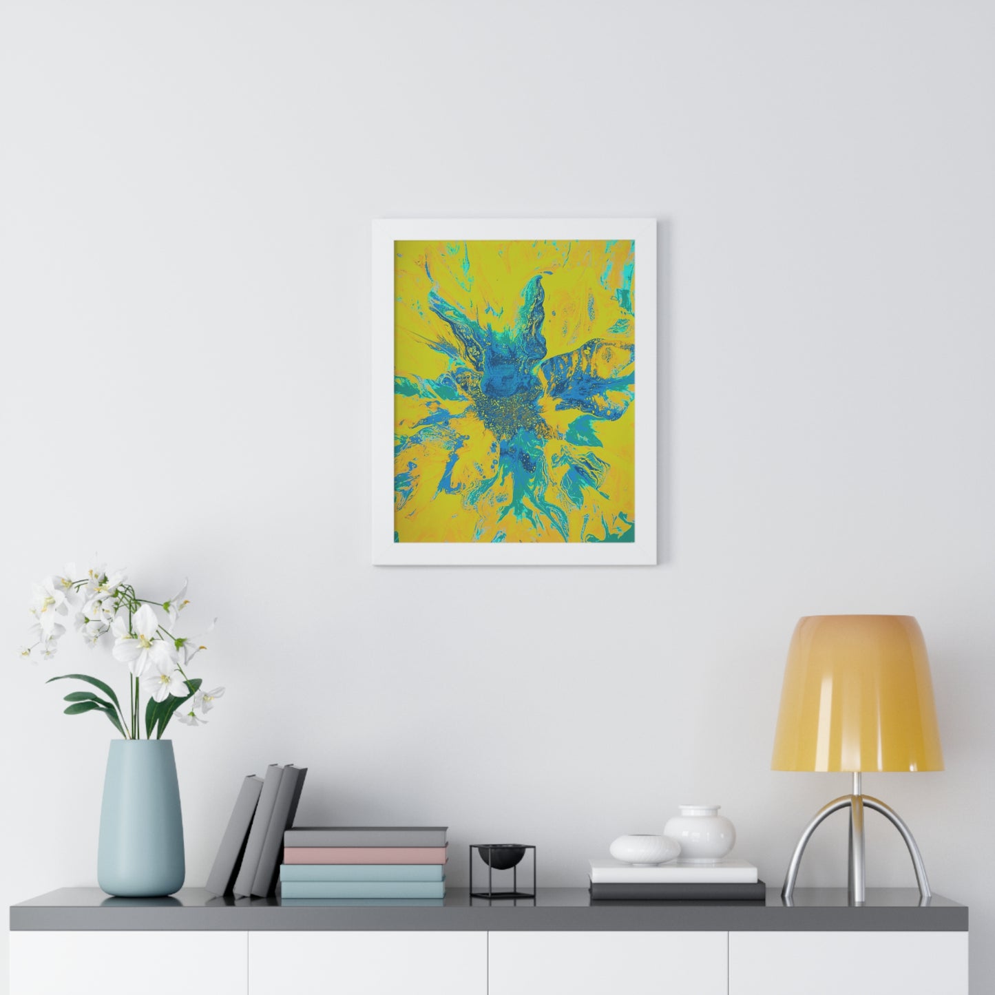 Framed Vertical Poster Abstract Floral Blues by Yellow by Its A Art Vibe Blue 01