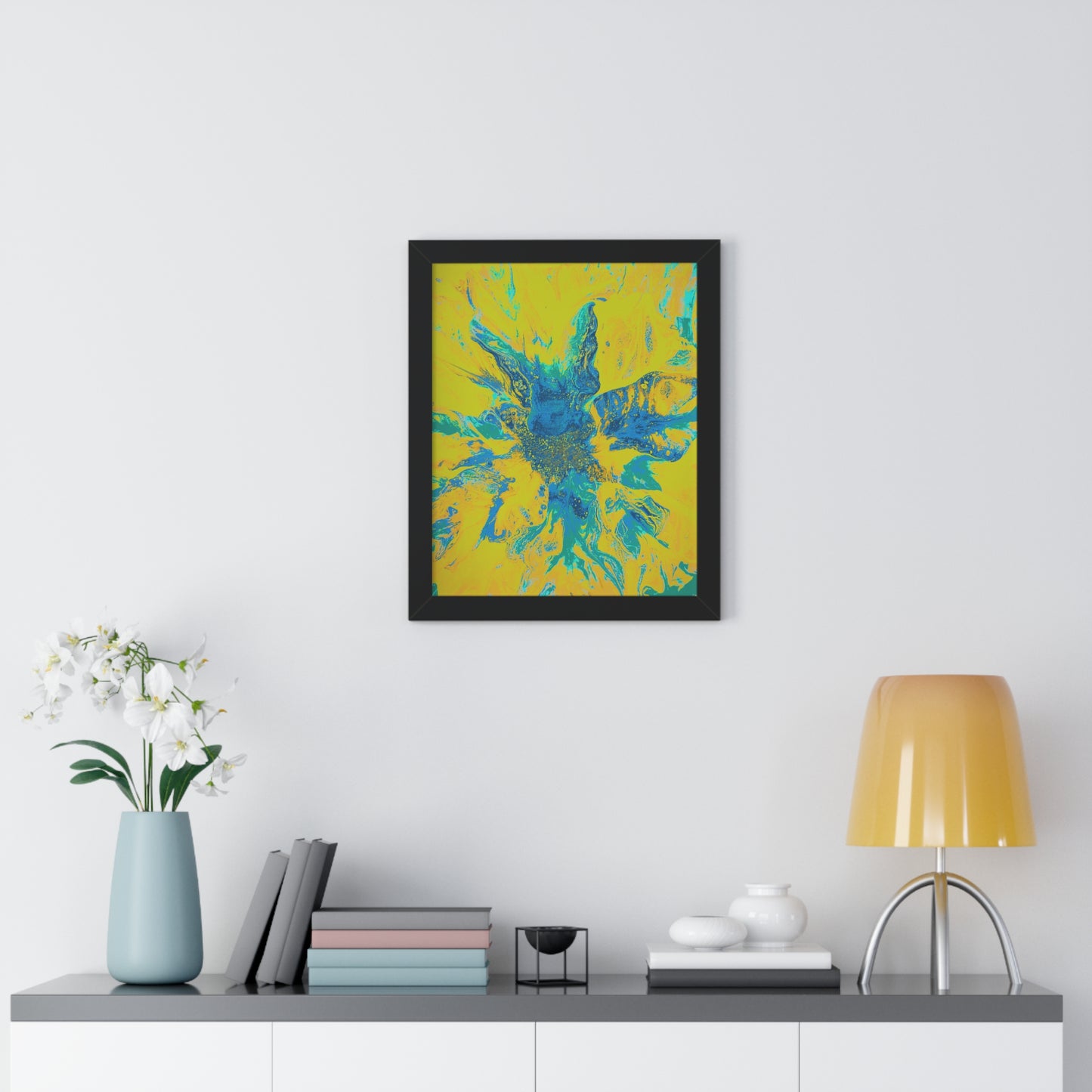 Framed Vertical Poster Abstract Floral Blues by Yellow by Its A Art Vibe Blue 01