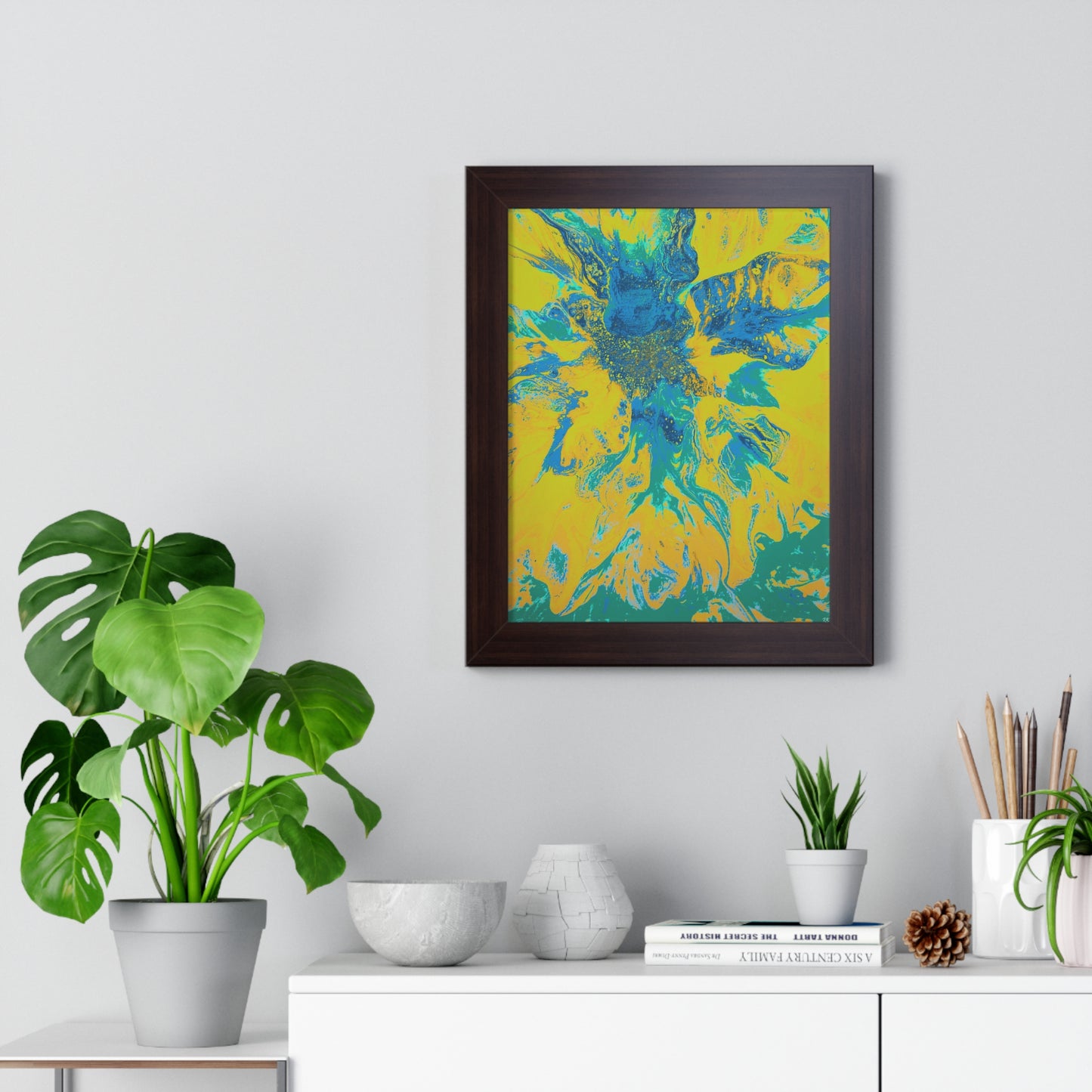 Framed Vertical Poster Abstract Floral Blues by Yellow by Its A Art Vibe Blue 01