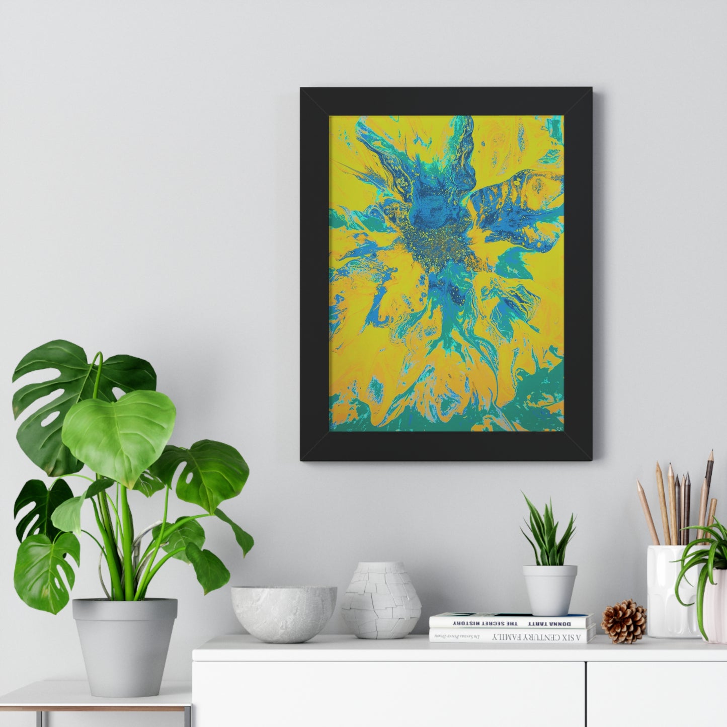 Framed Vertical Poster Abstract Floral Blues by Yellow by Its A Art Vibe Blue 01