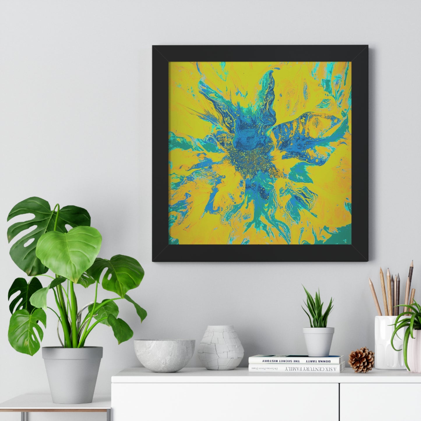 Framed Vertical Poster Abstract Floral Blues by Yellow by Its A Art Vibe Blue 01