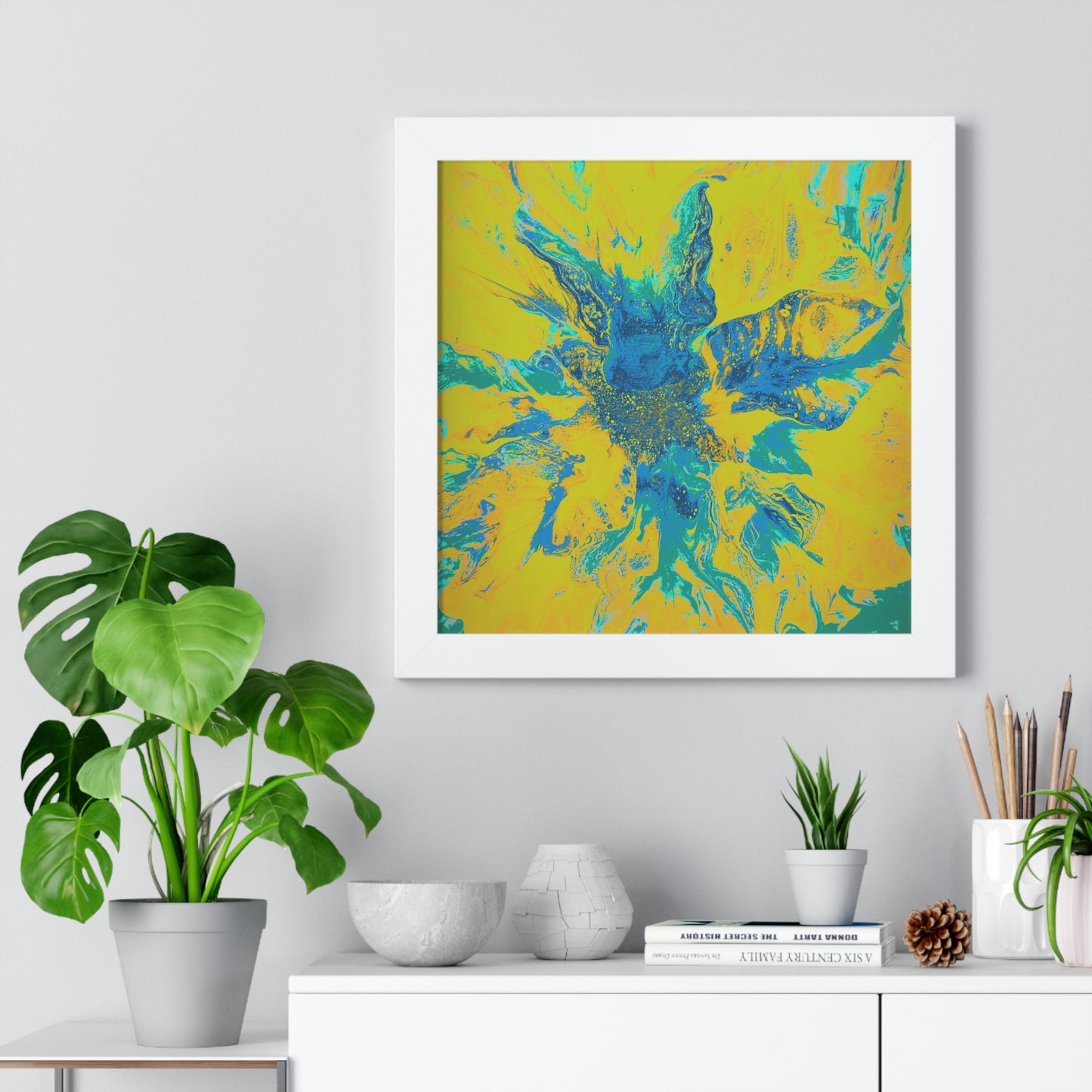 Framed Vertical Poster Abstract Floral Blues by Yellow by Its A Art Vibe Blue 01